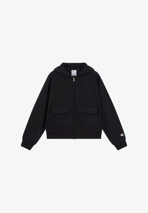 Felpa nera con zip realizzata in morbido tessuto, dotata di una cerniera frontale, due grandi tasche frontali e un cappuccio con cordino. Logo sulla manica.