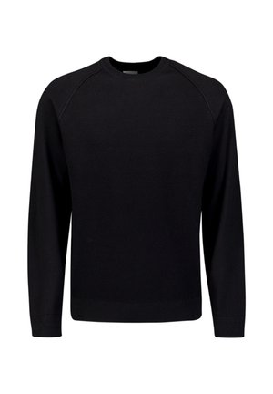 Zwarte gebreide trui met een ronde hals, ribbelstructuur en raglanmouwen. Het ontwerp heeft een getailleerde onderkant en manchetten voor extra vorm.