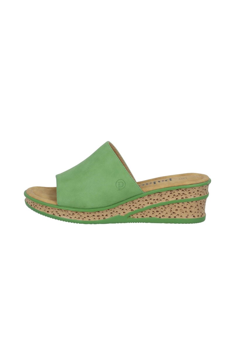 Infradito verde con tomaia in suede liscia, suola in sughero a zeppa e dettagli a motivo sulla suola esterna. Design leggero e rialzato.