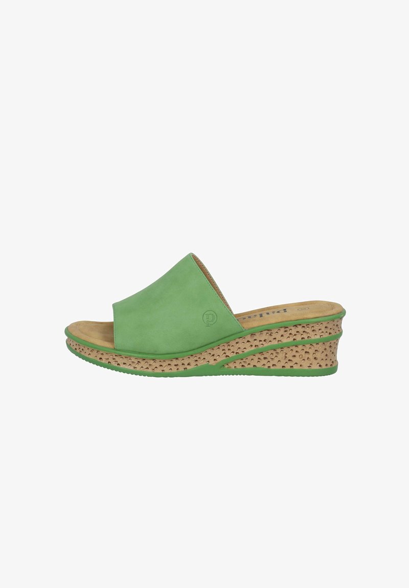 Infradito verde con tomaia in suede liscia, suola in sughero a zeppa e dettagli a motivo sulla suola esterna. Design leggero e rialzato.