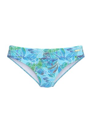 Bikini bottom with a blue background and a leaf pattern in green and purple. Features soft fabric and a low-rise design.