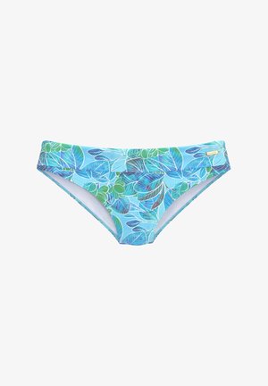 Bikiniunterteil mit einem blauen Hintergrund und einem Blättermuster in Grün und Lila. Verfügt über einen weichen Stoff und ein tief sitzendes Design.