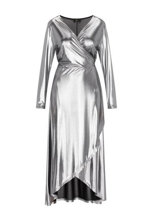Silver, long-sleeve dress with a V-neck, wrap design. Smooth, shiny texture with an asymmetric hem. Black underlayer visible at the bottom.