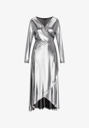 Silver, long-sleeve dress with a V-neck, wrap design. Smooth, shiny texture with an asymmetric hem. Black underlayer visible at the bottom.
