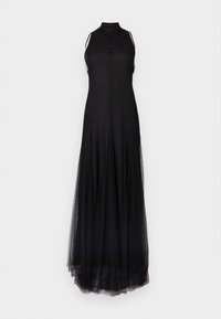Long black dress with a high neckline, sleeveless design, and sheer tulle overlay. Features a subtle textured pattern throughout.