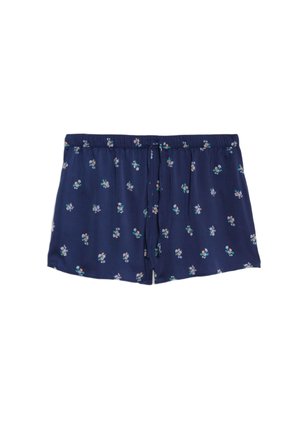 Marineblauwe shorts van zachte stof met een bloemenprint. Voorzien van een elastische tailleband en trekkoord. Korte en lichte uitvoering.