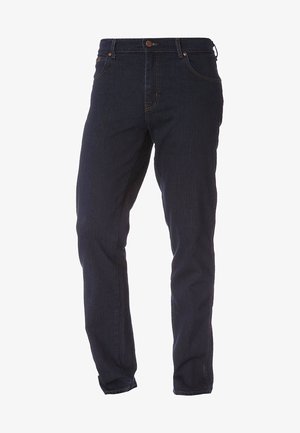 Dunkelblaue gerade geschnittene Jeans aus Denim mit vorderem Knopf- und Reißverschluss, Gürtelschlaufen sowie Vorder- und Gesäßtaschen.