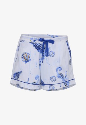 Białe szorty z niebieskimi wzorami muszli i morskich koników, z niebieskim sznurkiem do ściągania oraz lamówką przy brzegu.