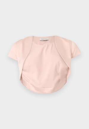 Blado różowy krótki bolerko z krótkim rękawem, otwarte z przodu i zaokrąglonymi krawędziami, wykonane z gładkiej tkaniny, ułożone płasko na szarym tle.