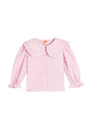 Pink stribet bluse med en stor flæset krave, knaplukning foran og puffede ærmer med flæset manchetter. Blødt stof med en behagelig tekstur.