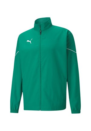 Groene lichtgewicht jas met hoge kraag, volledige rits, elastische manchetten en wit logo op de borst met contrasterende zijnaad.