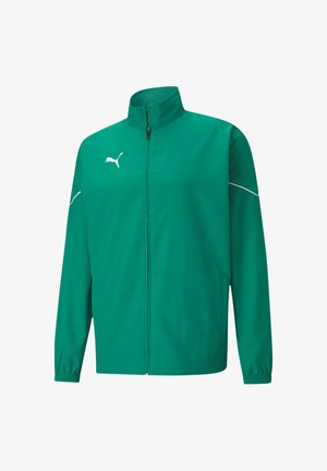 Giacca leggera verde con colletto alto, chiusura a zip completa, polsini elasticizzati e logo bianco sul petto con cuciture laterali a contrasto.