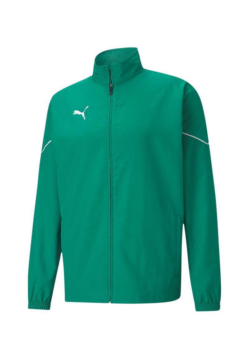 Giacca leggera verde con colletto alto, chiusura a zip completa, polsini elasticizzati e logo bianco sul petto con cuciture laterali a contrasto.