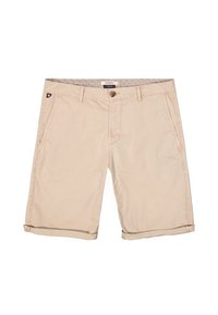 Shorts beiges en tissu extensible, dotés de deux poches avant, d'un ourlet roulé et d'une fermeture à bouton à l'avant avec une étiquette logo sur la ceinture.