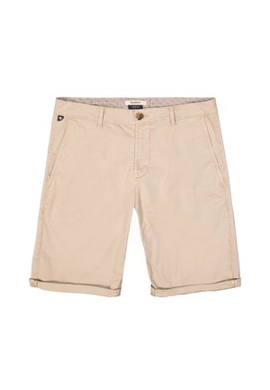 Pantaloni shorts beige realizzati in tessuto elasticizzato, con due tasche frontali, orlo arrotolato e chiusura con bottone frontale con etichetta logo sulla vita.