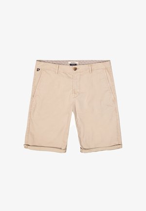 Shorts beiges en tissu extensible, dotés de deux poches avant, d'un ourlet roulé et d'une fermeture à bouton à l'avant avec une étiquette logo sur la ceinture.