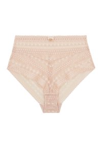 Culotte taille haute pêche en dentelle, ornée de motifs géométriques complexes, de bords festonnés et d'un petit nœud décoratif à la taille.