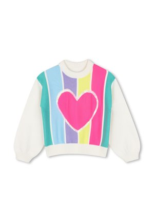 Witte trui met kleurrijke verticale strepen en een groot roze hart in het midden, met lange mouwen en een ronde hals.