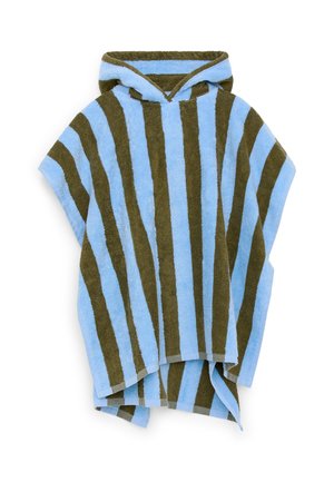 Poncho serviette à capuche avec larges rayures verticales bleu clair et vert olive foncé, confectionné en tissu éponge doux.