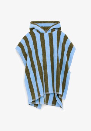 Poncho serviette à capuche avec larges rayures verticales bleu clair et vert olive foncé, confectionné en tissu éponge doux.