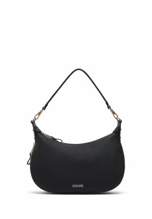 Sac à épaule noir incurvé avec fermoirs et fermeture éclair dorés, surface texturée et logo "LIU JO" en or au centre avant.
