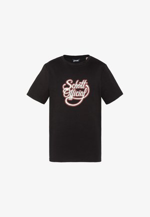 Schwarzes T-Shirt mit kurzen Ärmeln und Rundhalsausschnitt mit der Aufschrift „Schott Official“ in weißer und roter Kursivschrift vorne in der Mitte.