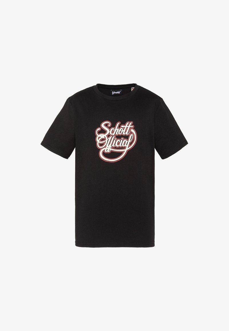 Schwarzes T-Shirt mit kurzen Ärmeln und Rundhalsausschnitt mit der Aufschrift „Schott Official“ in weißer und roter Kursivschrift vorne in der Mitte.