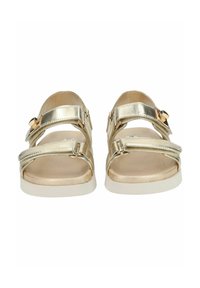 Gullmetalliske sandaler med to justerbare stropper, en teksturert fotseng og en hvit såle. Minimalistisk design med en stilren, åpen stil.