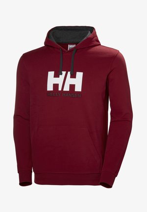 Burgundowy sweatshirt z kapturem w szarym wykończeniu, z białym logo "HH" i kieszenią kangurką. Miękka tkanina, ściągacze przy rękawach i na dole.