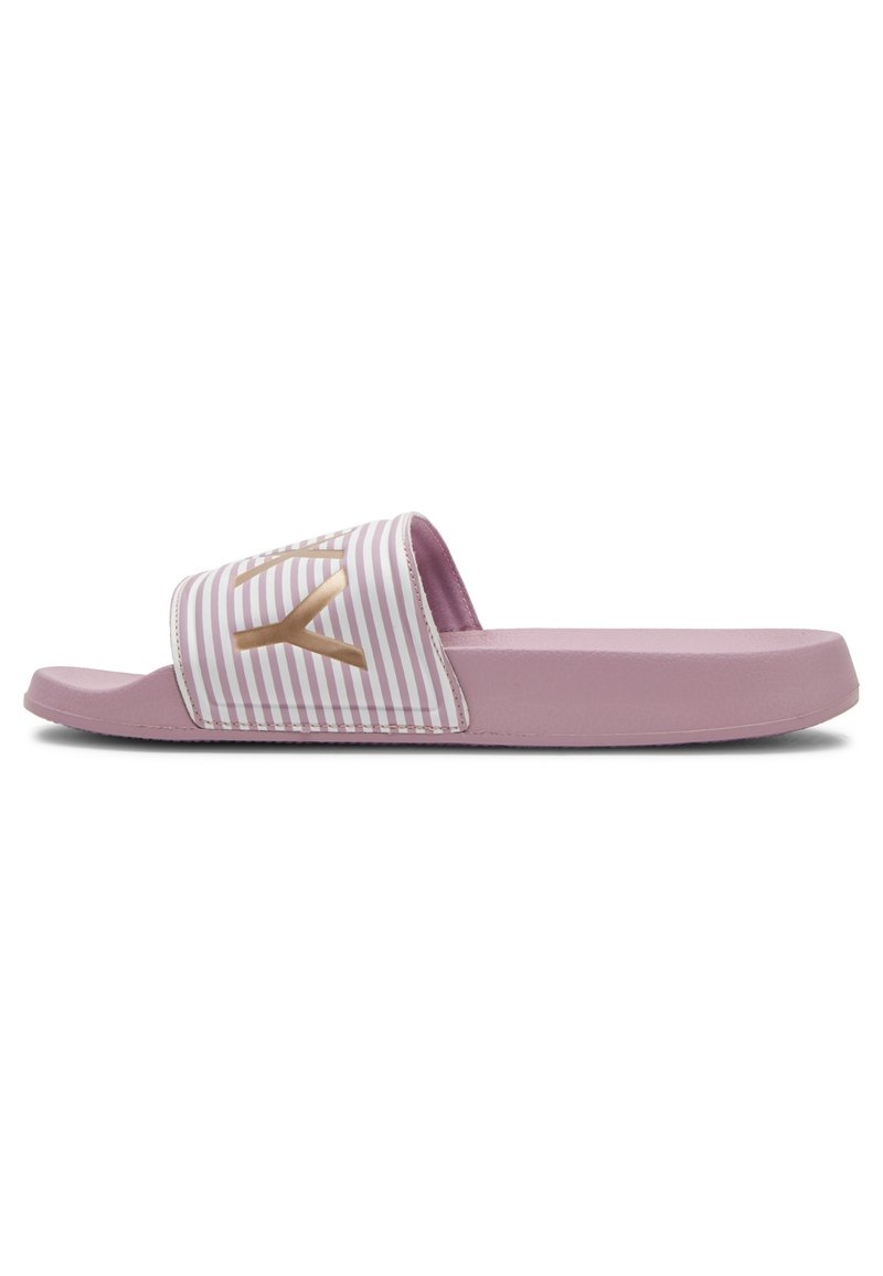 Rosa sandle med stripe-design på overdelen som har gull-accenter. Sålen er flat og teksturert for bedre grep. Mykt materiale for komfort.
