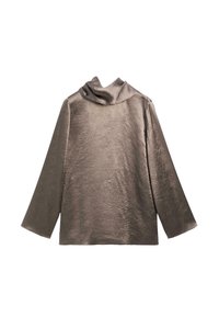 T-shirt à manches longues en tissu métallique texturé, avec un col drapé, couleur taupe neutre, et une coupe décontractée, sans fermeture visible.