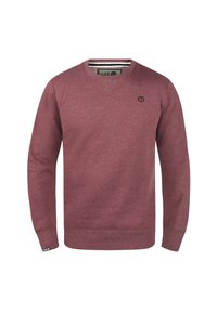 V-neck burgundy sweatshirt made of soft fabric, featuring long sleeves and a small black logo on the left chest, with ribbed cuffs.