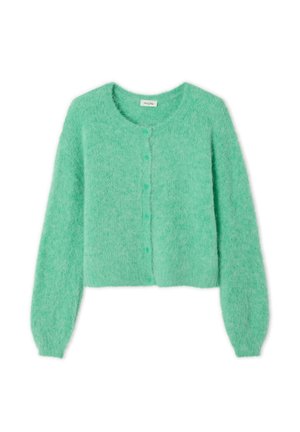 Mintgröna cardigan i mjukt, fluffigt material med rund hals, långa ärmar och knäppning fram med matchande knappar.