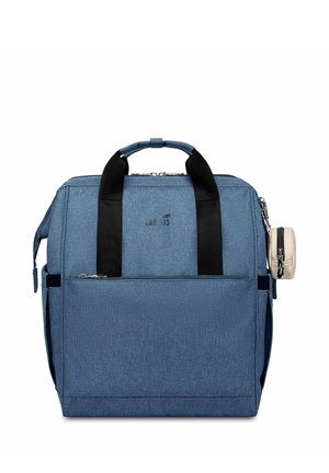 Blue fabric backpack with dual black handles, zipper closure, exterior pocket, and side pouch. Textured material and minimalist design.