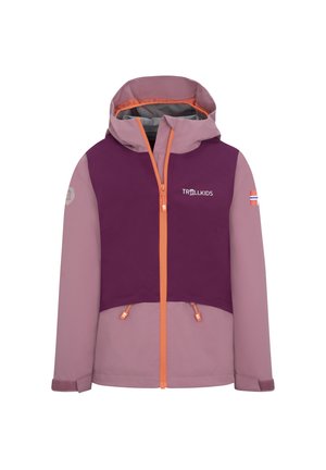 Purple and light pink waterproof jacket with an orange zipper and accents, adjustable hood, and logo detail on the chest and sleeve.