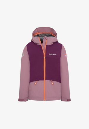 Purple and light pink waterproof jacket with an orange zipper and accents, adjustable hood, and logo detail on the chest and sleeve.