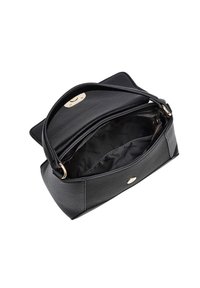 Borsa a mano in pelle nera con un design strutturato, hardware dorato e un'esterno testurizzato. L'interno presenta una tasca con zip.