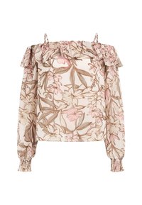 Blusa floreale off-the-shoulder in crema chiaro, con fiori rosa e foglie verdi, colletto arricciato e polsini elasticizzati.