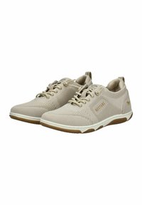 Beige Netzsneaker mit runden Zehen, strukturiertem Stoff und leichter Sohle. Verfügt über ein dekoratives Logo und ein Schnürsystem für einen sicheren Sitz.