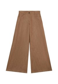 Pantalons larges en tissu texturé marron. Comprend une fermeture à bouton, deux poches avant, et un design droit.