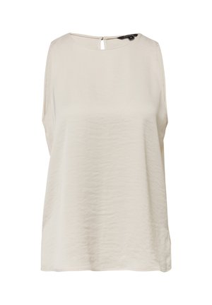 Light beige sleeveless top with a round neckline, back keyhole detail, and soft, textured fabric. Simple design with side slits at the hem.