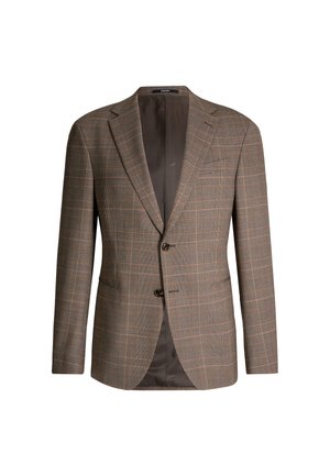Blazer à carreaux brun avec des accents orange subtils, fermeture à deux boutons, revers crantés et deux poches latérales, doublé d'un tissu lisse.