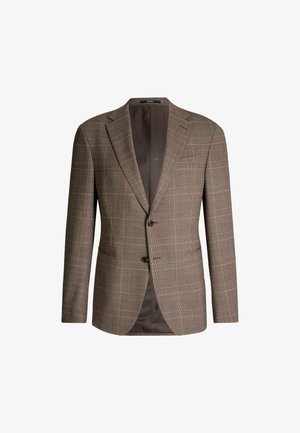 Blazer à carreaux brun avec des accents orange subtils, fermeture à deux boutons, revers crantés et deux poches latérales, doublé d'un tissu lisse.