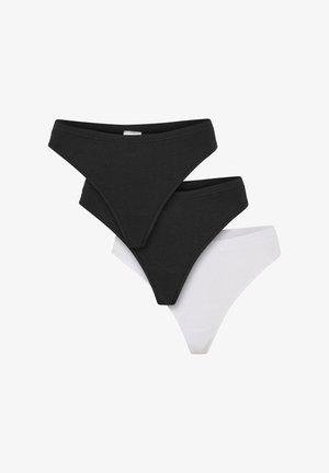 Trzy pary stringów: dwie czarne prążkowane i jedna biała prążkowana, z wysokim krojem i miękką fakturą materiału.