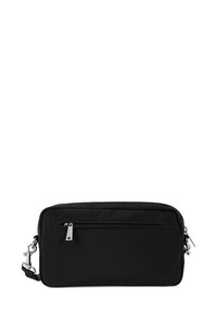 Borsa a tracolla nera in tessuto, con tasca anteriore con zip, accessori in argento, forma rettangolare e tracolla regolabile.