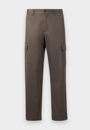 Spodnie cargo w stonowanym brązowym kolorze, wykonane z gładkiej bawełnianej tkaniny, z bocznymi kieszeniami i prostymi nogawkami.
