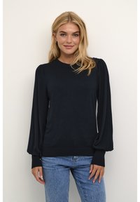 Navy blue pullover sweater featuring long, puffed sleeves, ribbed cuffs and hem, and a round neckline, made of soft, lightweight material.