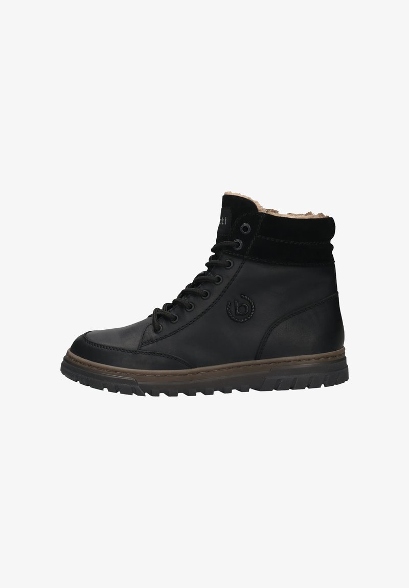 Mustad mustad mustad põhjaga mustad nahast ankle boots, millel on tekstuuriga pealmine osa, ümar varvas, nööbid ees ja pehme krae.