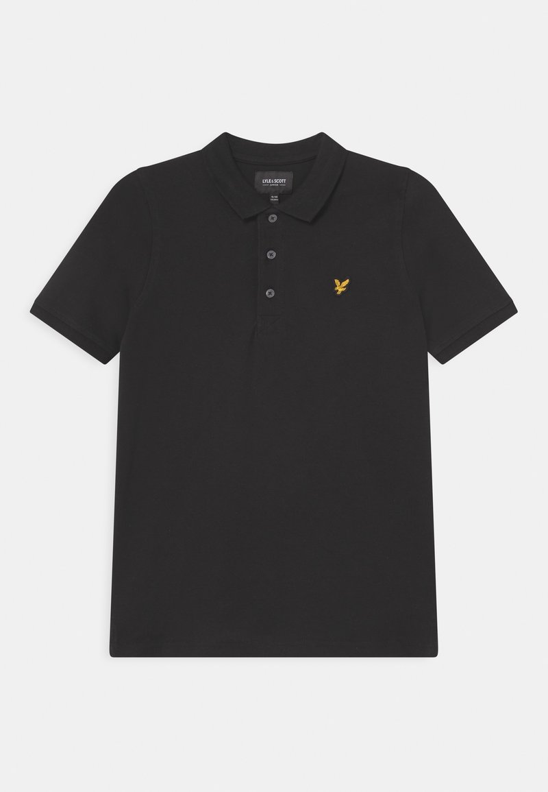 Černé polo tričko vyrobené z bavlněné tkaniny, s límečkem, tříknoflíkovým zapínáním a malým žlutým logem orla na hrudi.