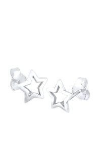 Sølvstjernede studs øreringe med et åbent design, glatte kanter og en skinnende finish. Inkluderer sommerfuglelåse for sikker bæring.